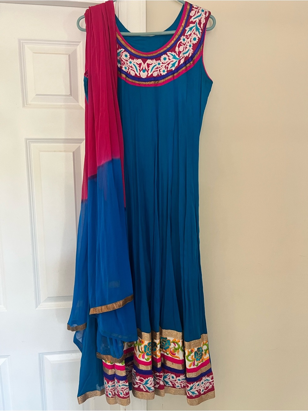 Teal Anarkali Dress with Pink and Multicolor Embroidery